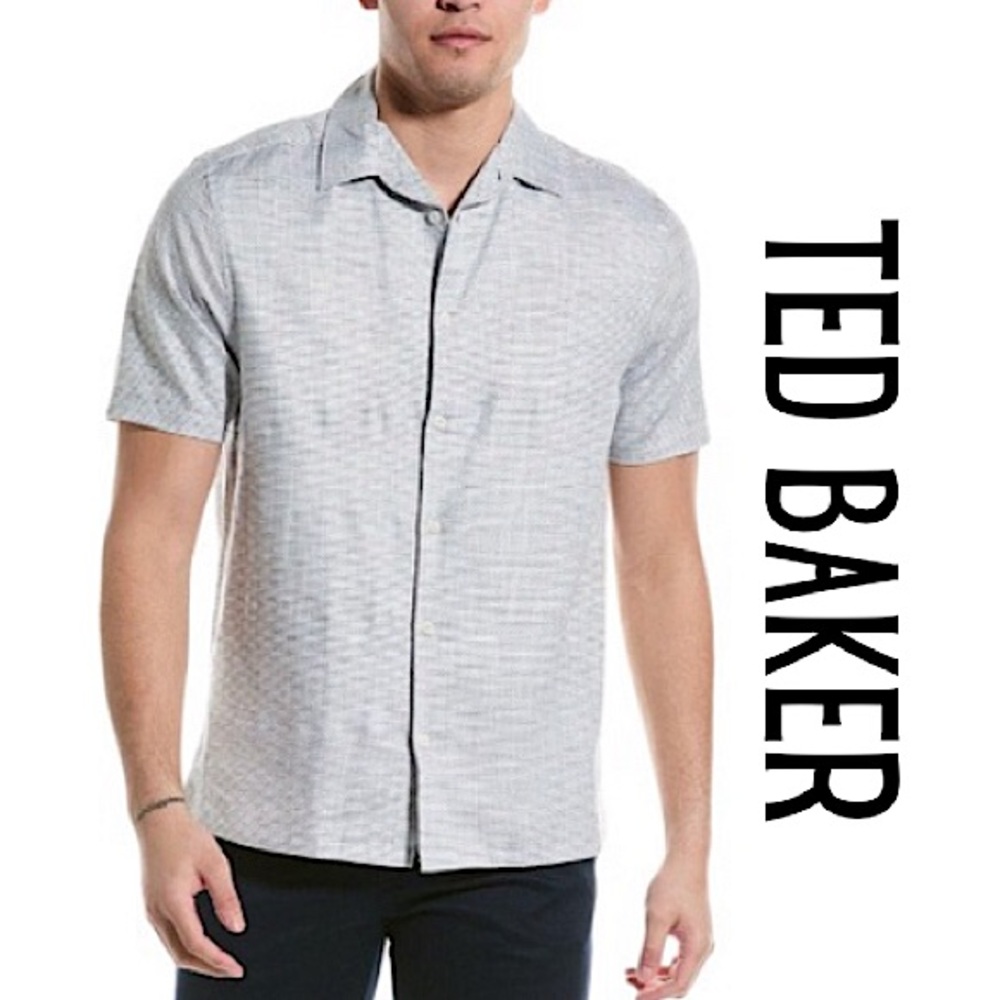 NWT! Ted Baker MMA-Seamus Navy Semi Plain Button Down Linen Shirt Size 4 Mens L